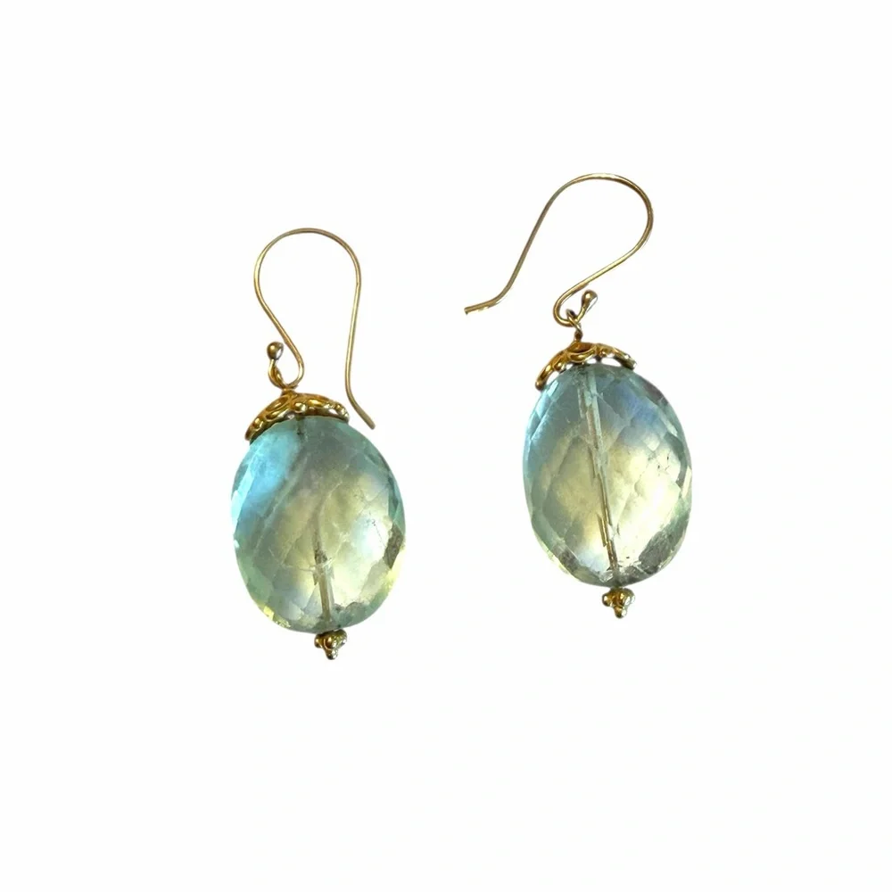 Beautiful Faceted Green Amethyst Earrings w/Gold Setting and Wires. NIB